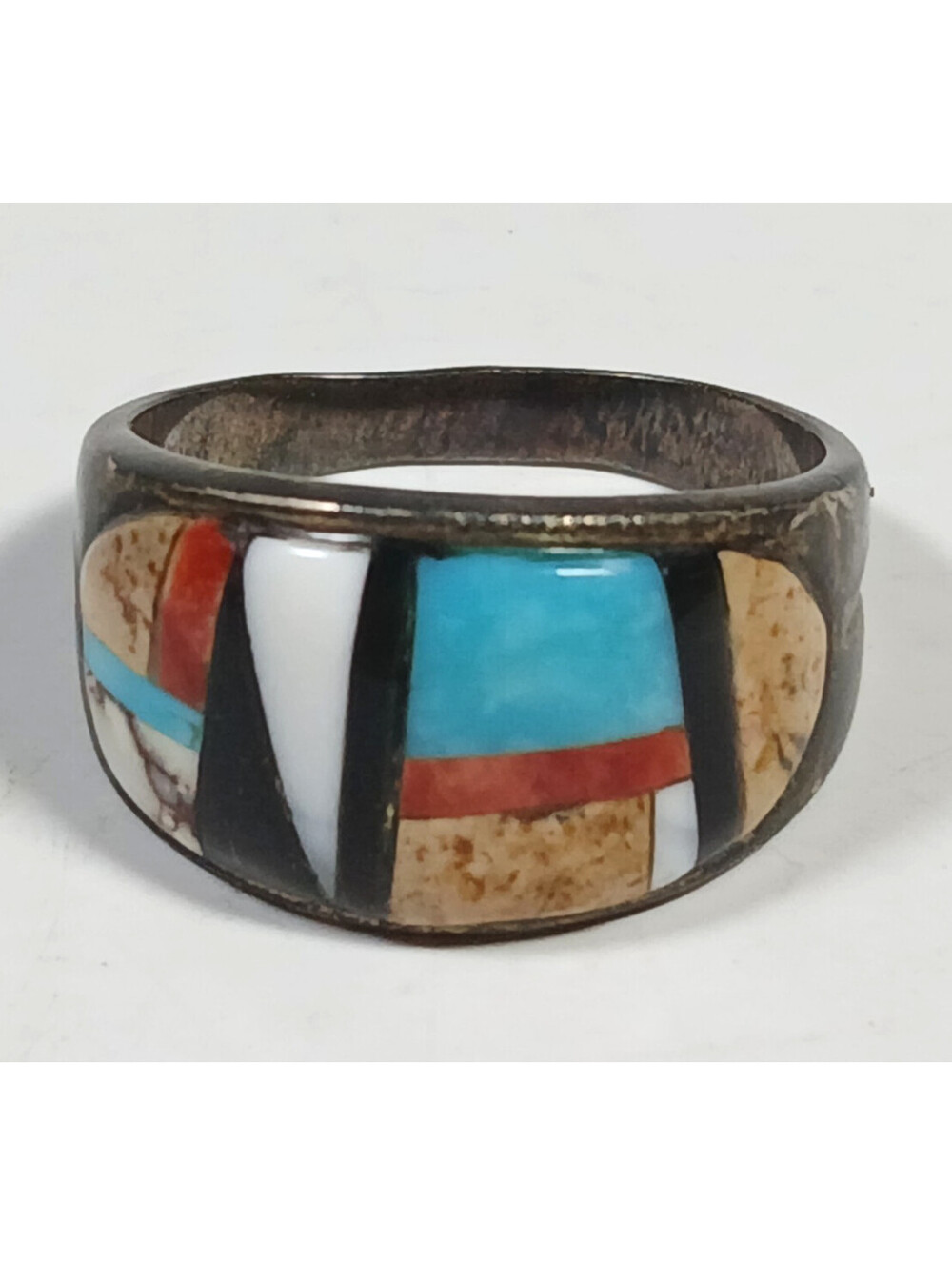 Native Amer Zuni Turquoise Jasper Spiny Oyster Jet S Silver Ring Sz. 7.5 Signed